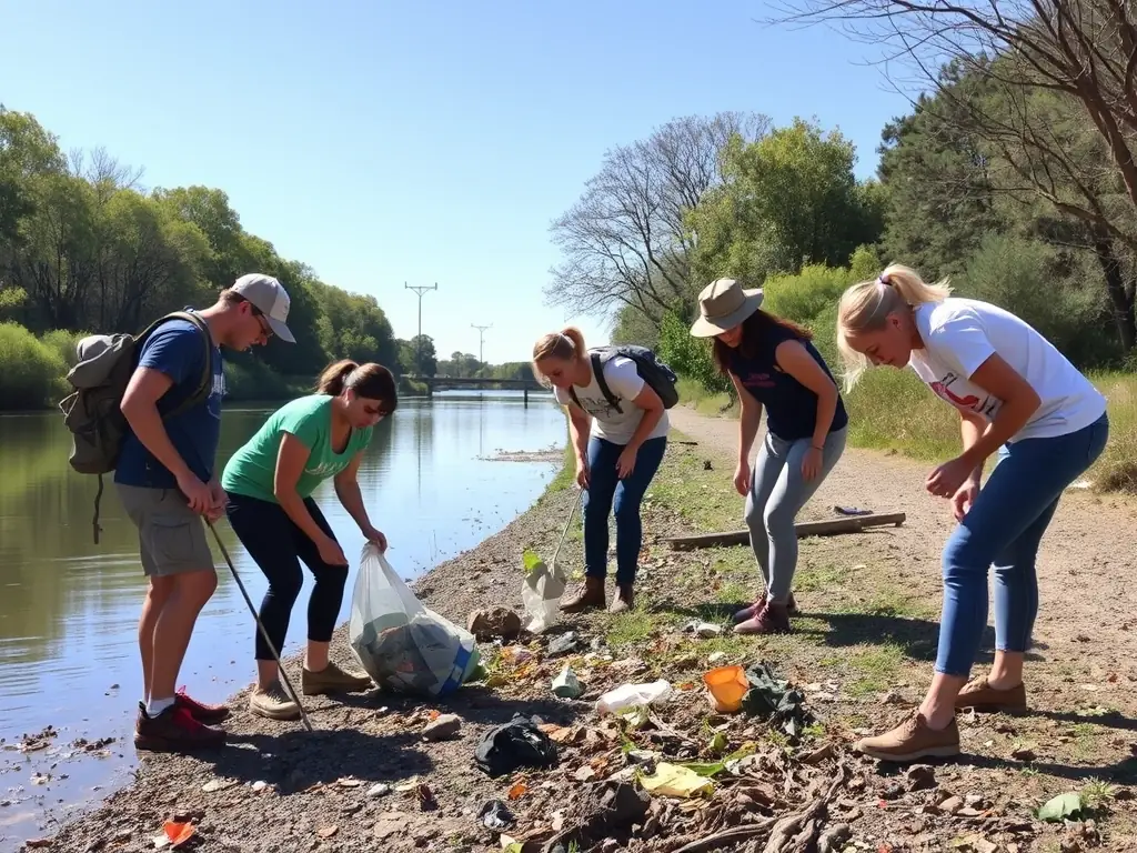 Volunteers cleaning up a riverbank, removing litter and debris, symbolizing PVA11's commitment to conservation efforts.
