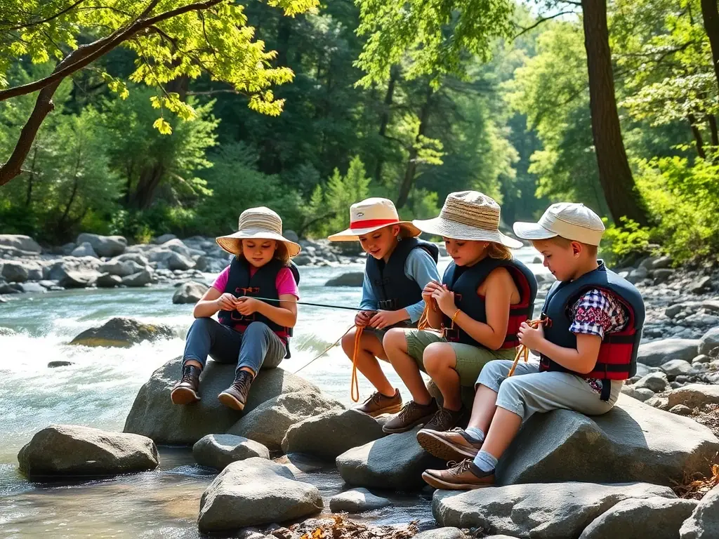 A photograph capturing a group of children participating in a fishing workshop, learning about knot tying and responsible angling practices, set against a backdrop of a local river.
