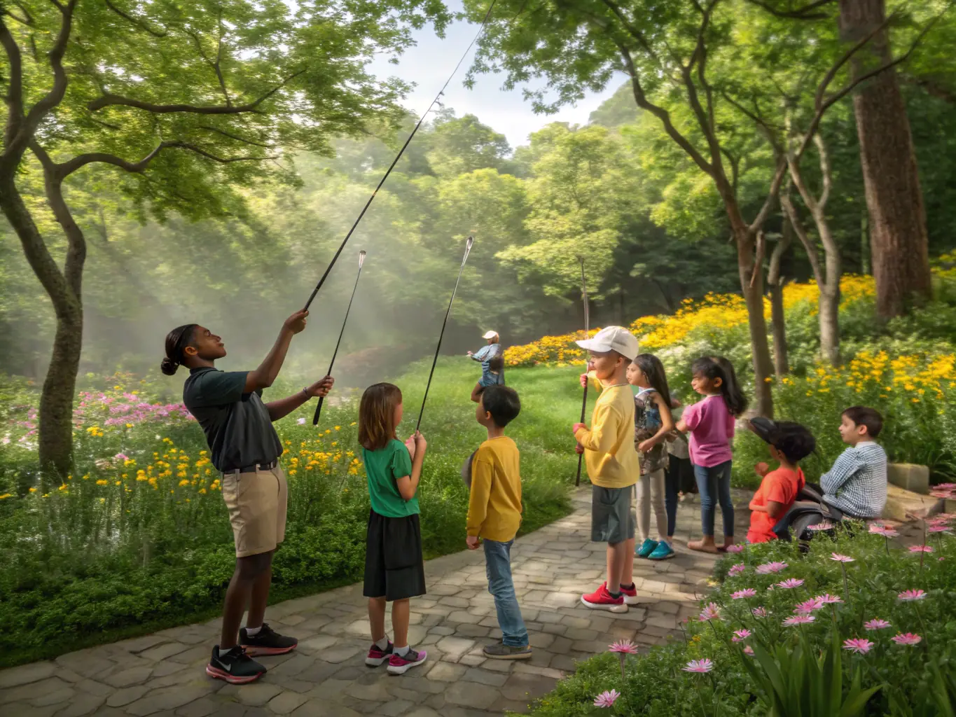 A group of children participating in a fishing workshop, learning about aquatic ecosystems and responsible angling from PVA11 instructors.