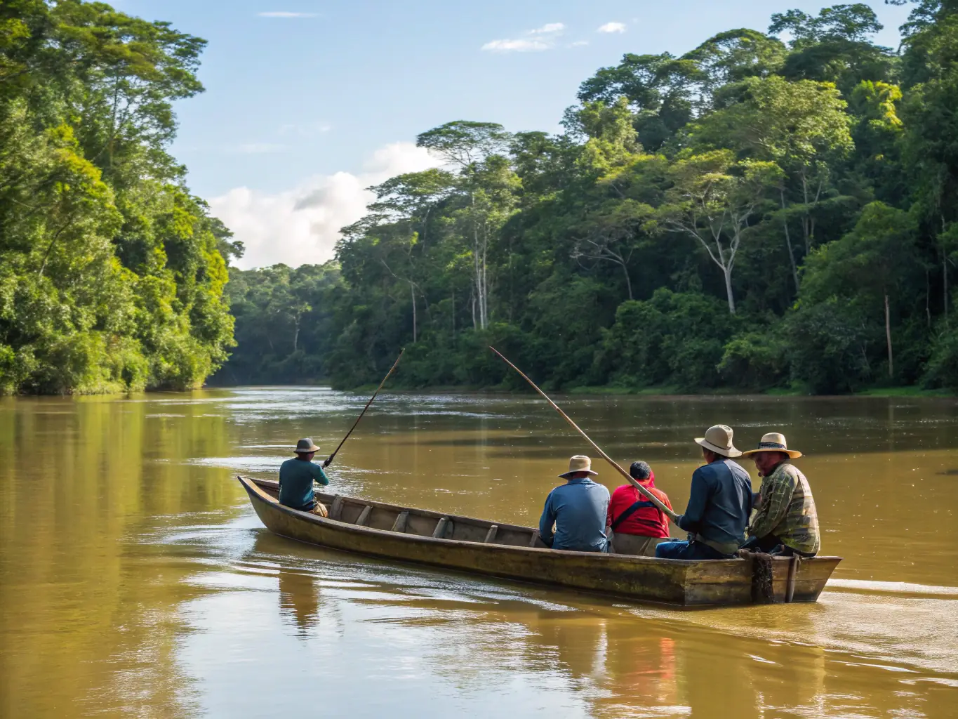 An image of a group of anglers on a guided fishing tour, showcasing the scenic beauty of the local waterways and the expertise of the guides.