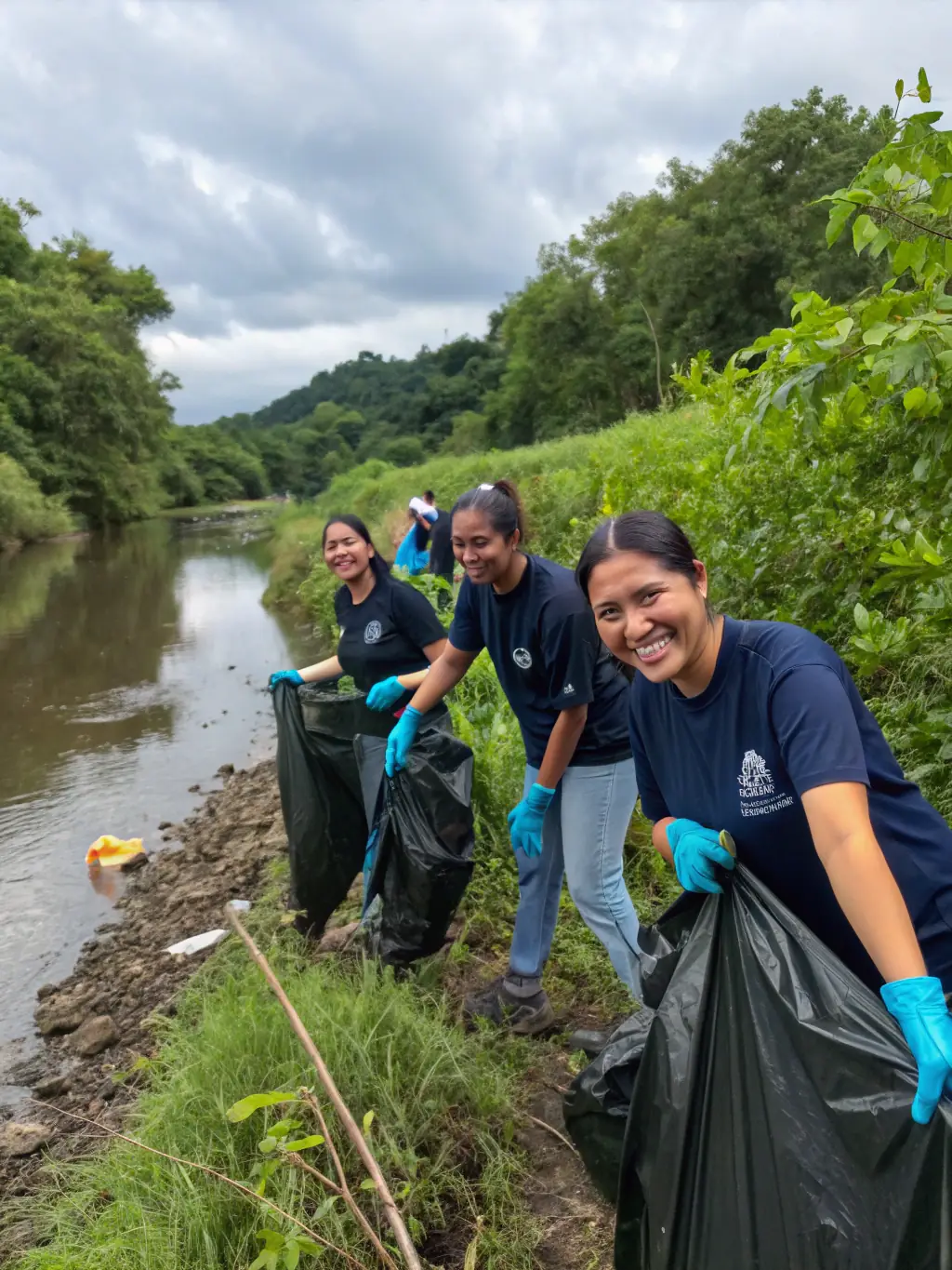 Members of PVA11 participating in a river cleanup, collecting trash and debris to protect the aquatic ecosystem, showcasing the club's conservation efforts.
