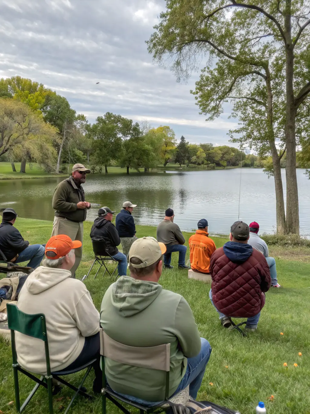 An instructor demonstrating responsible fishing techniques to a group of attentive members by a river, highlighting PVA11's commitment to education.