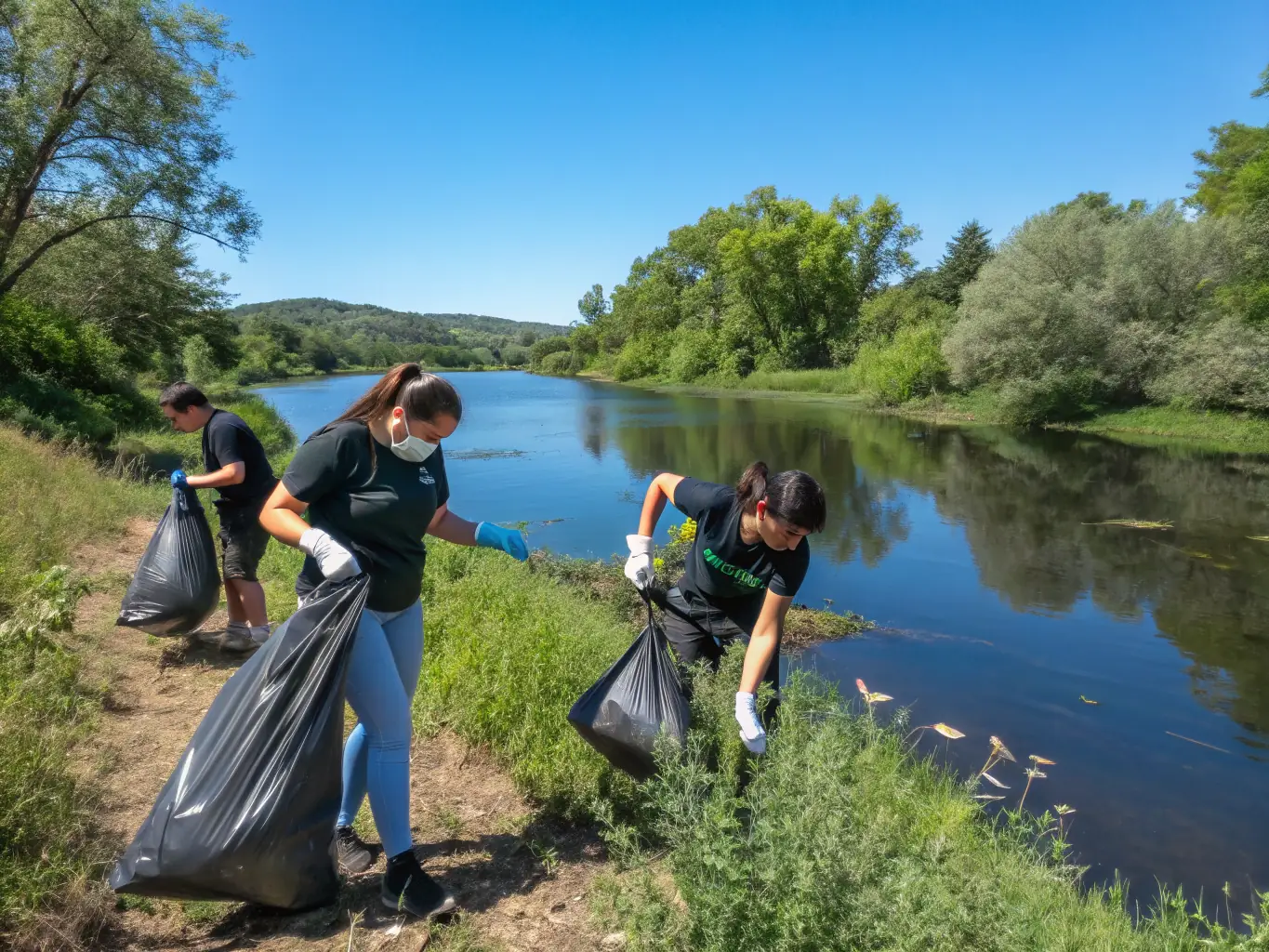 A photo of volunteers cleaning up a riverbank, highlighting the club's commitment to conservation and environmental stewardship.