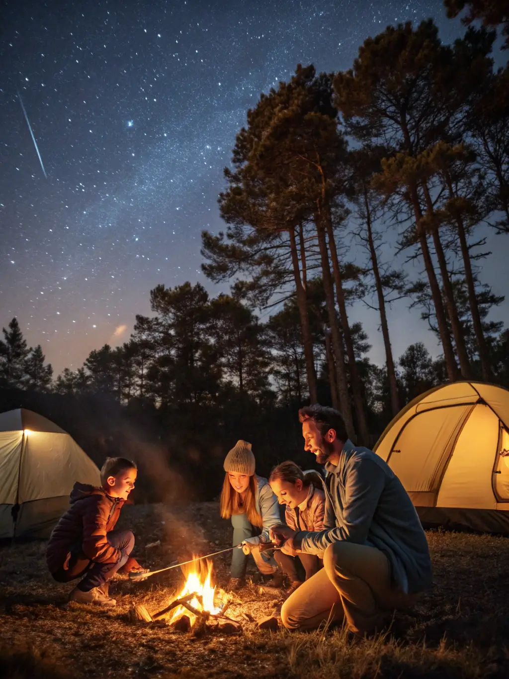 A group of diverse anglers laughing and sharing stories around a campfire after a day of fishing, emphasizing the strong community aspect of PVA11.